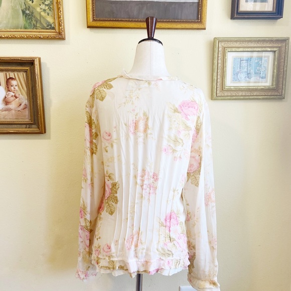 Vintage Liz Claiborne Silk Floral Pleated Blouse Ruffle Roses - Picture 2 of 12